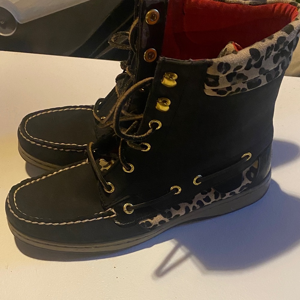 Sperry Black Boots with Leopard Accents